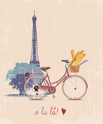 The Poster With The Bike And French Baguettes In Vintage Style. Silhouette Of The Eiffel Tower. Vector Illustration.