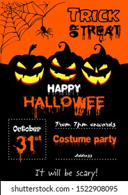 Poster, Billboard template with sample text for Halloween on black background with orange with three large evil pumpkins and spider with spider web