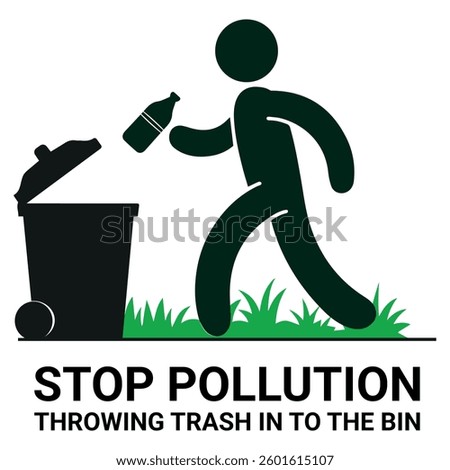 Poster bin and cartoon silhouette vector. poster throwing garbage in bin. Stop Pollution, Throw Trash Into the Bin Poster.