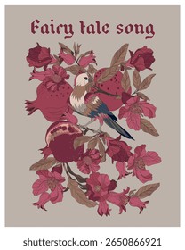 Poster with bird of paradise, flowers, leaves and pomegranate fruits