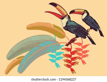 Poster with birds toucans, tropical leaves and flowers. Vector illustration. Motives of exotic nature. Vintage. Template for printing on T-shirts, summer clothes and bags, decorating shop windows.