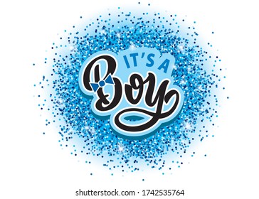 poster for the birth of a child. gender of the child. inscription on a blue background from sparkles. for pregnancy parties
