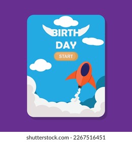 A poster for birth day with a rocket flying through the sky.