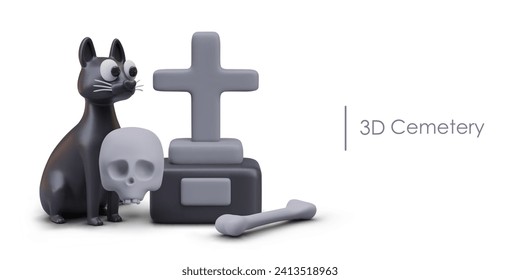 Afiche con gato negro, cruz gris, hueso y cruz en el soporte. Decoración espeluznante para Halloween. Modelos aterradores, concepto de muerte. Ilustración vectorial en estilo 3d con lugar para texto