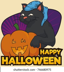 Poster with black cat wearing a long starry cap celebrating Halloween with a traditional Jack-O pumpkin.