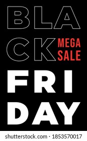 Poster for Black Friday with a black background and white text, include an offer.