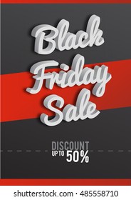 Poster Black Friday. Black-and-white background, discounts, percent, sale, 3D text. Sale and special offer. Vector illustration