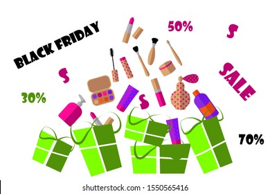 
Poster of black friday. Cosmetics and gifts on sale. flat vector. illustration
