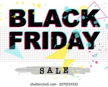 Poster Black Friday sale. Black text on a white background. Effect 3D cinema, shift of channels (red and blue). Trend advertising design. Stains and splashes of paint, a cell on the background svg