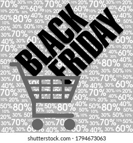 Poster for the Black Friday, with a black typographie in a caddy - gray background with a number pattern consisting of percentage off.