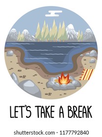 Poster with black hand drawn lettering and camping scenery: a bonfire and stones on the ground, a lake, mountains and trees in the background. Flat cartoon style vector illustration.