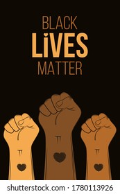Poster for Black Lives Matter protest in USA. Stop violence to black people. Fist symbol with heart tattoo on a dark background. Hand draw cartoon. Vector Illustration. EPS 10