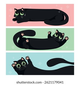 Poster with black long cat. Square kawaii banner with cute funny kittens. Backdrop with adorable furry pet or animal. Design element for print. Flat vector illustration set isolated on background