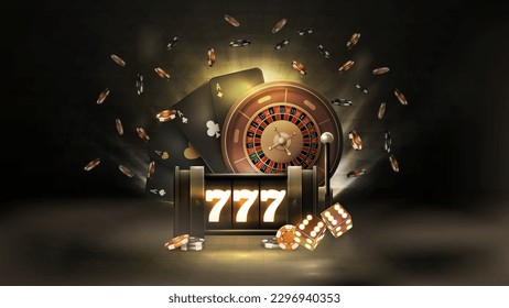 Poster with black neon slot machine, black playing cards, Roulette, dice and poker chips in fog on dark background