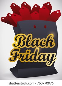 Poster with black shopping bag full of red price tags symbolizing a lot of offers in Black Friday sales.