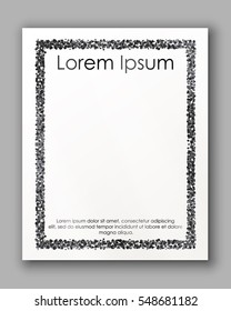 Poster with black silver confetti, sparkles, glitter frame and space for text on white background. Vector illustration. Elements for banner, design, logo, card, web, invitation, business, party.