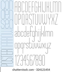 Poster black slim condensed font and numbers on white background.