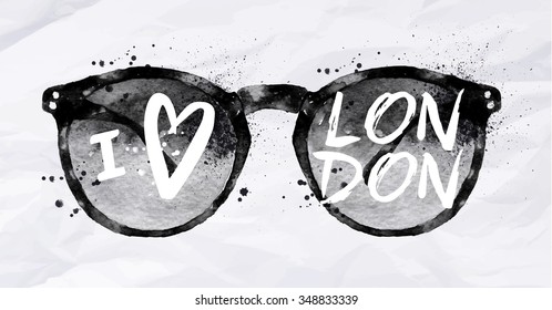 Poster with black sunglasses with an inscription I love London drawing on crumpled paper