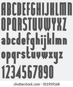 Poster black typescript and numbers with parallel stripes. Numeration from 0 to 9, simple monochrome alphabet letters