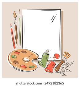 Poster with Blank canvas, oil paint in tubes, painting brushes, drawing tools with place for text. Art supplies, creative hobby accessories. Vector illustration