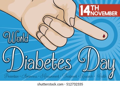 Poster with bleeding finger after the glucose measure commemorating World Diabetes Day care in patients.