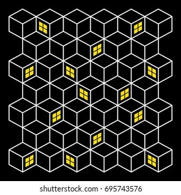 Poster with Block Chain Shapes Ornament on Black Background. Vector Illustration. Technology Concept Decorative Backdrop. geometric, fashion fabric texture