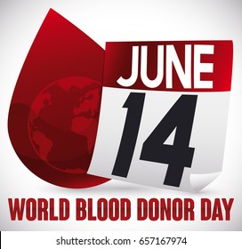 Poster with blood drop with globe inside, close to a loose-leaf calendar with reminder date for World Blood Donor Day.