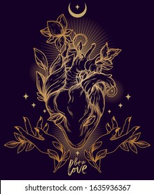 Poster with blooming heart and female hand, crescent and stars, sacral symbol of love, vector illustration