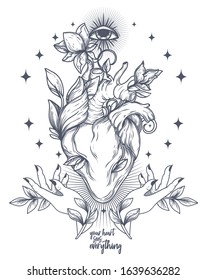 Poster with blooming heart, shining eye and female hand, sacral symbol of love and self-knowledge, can be used for tattoo, vector illustration
