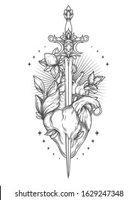 Poster with blooming heart with sword in it, sacral symbol of love and self-knowledge, can be used for tattoo, vector illustration