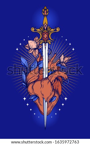 Poster with blooming heart with sword in it, sacral symbol of love and self-knowledge, can be used for tattoo, vector illustration