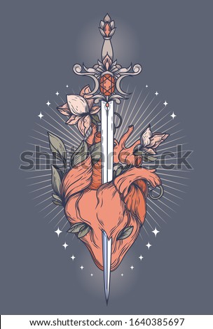Poster with blooming heart with sword in it, sacral symbol of love and self-knowledge, can be used for tattoo, vector illustration