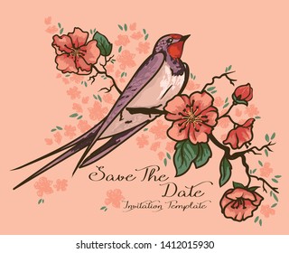 Poster with blooming tree branches and swallow, old fashioned palette, sketch style vector illustration