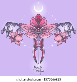 Poster with blooming of uterus, crescent and stars, female sacral symbols, can be used for tattoo or for gynecology, vector illustration