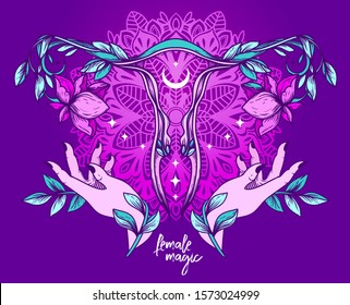 Poster with blooming of uterus, female hands, moon and stars, sacral symbols, can be used for tattoo or for gynecology, trendy palette, vector illustration