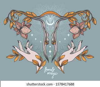 Poster with blooming of uterus, female hands, moon and stars, sacral symbols, can be used for tattoo or for gynecology, retro style colors, vector illustration