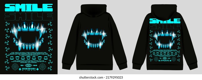 Poster with blue 3D iron teeth. Stylish print in techno style for streetwear, print for t-shirts and sweatshirts on a black background