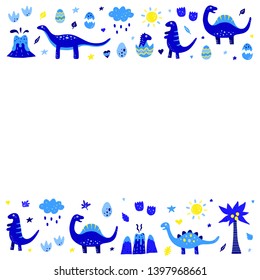 Poster with blue doodle dinosaurs and other icons in scandnavian style on white background.