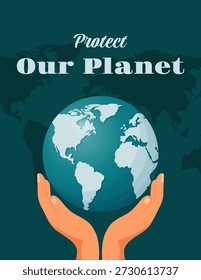 Um cartaz com um globo azul e as palavras Proteger nosso planeta. O cartaz está em uma cor azul e tem um fundo azul