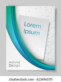 Poster with blue, green dust, sparkles, glitter, white paper and space for text, material design. Vector illustration.
