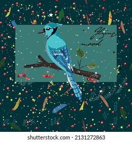 Afiche con margarita azul de la nueva colección de aves. Forma cuadrada adecuada para la plantilla de almohada.
