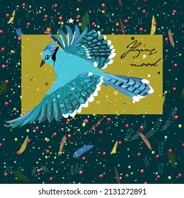 Poster with blue jay from new bird collection. Square shape good for pillow template.