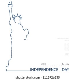 Poster. Blue Linear Picture. Independence Day, USA. Statue of Liberty, book. 2018. National Symbol of America. Illustration,white, background. Use presentations, corporate reports, text,postcards,vect