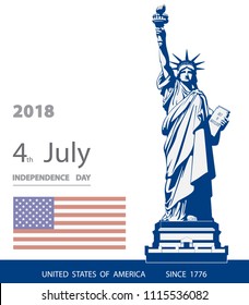 Poster. Blue Linear Picture. Independence Day, USA. Statue of Liberty, book. 2018. National Symbol of America. Illustration, white, background. Use presentations,corporate reports, text,postcards,vect