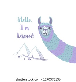 Poster with blue long-necked llama and mountains
