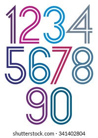 Poster blue and red big vector numbers with double stripes isolated on white background. Numeration from 0 to 9.