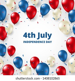 Poster With Blue, Red, White Helium Balloons And Confetti For Forth Of July USA Independence Day.