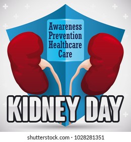 Poster with blue shield behind a pair of kidneys: symbolizing the protection and awareness promoted in Kidney Day event.