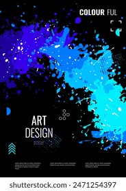 A poster in blue tones. A mess of spots, a splash of colors. Design of postcard, invitation, coupon, brochure cover. Vector image.