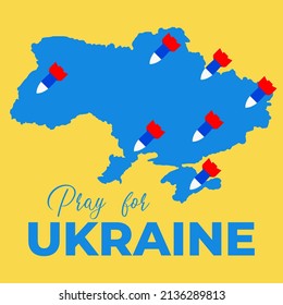 Poster with blue Ukrainian map on yellow background with Russian rockets. Vector poster.